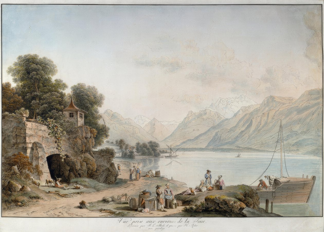 Uitzicht op het meer van Genève vanaf La Tour-de-Peilz door Johann Ludwig Aberli