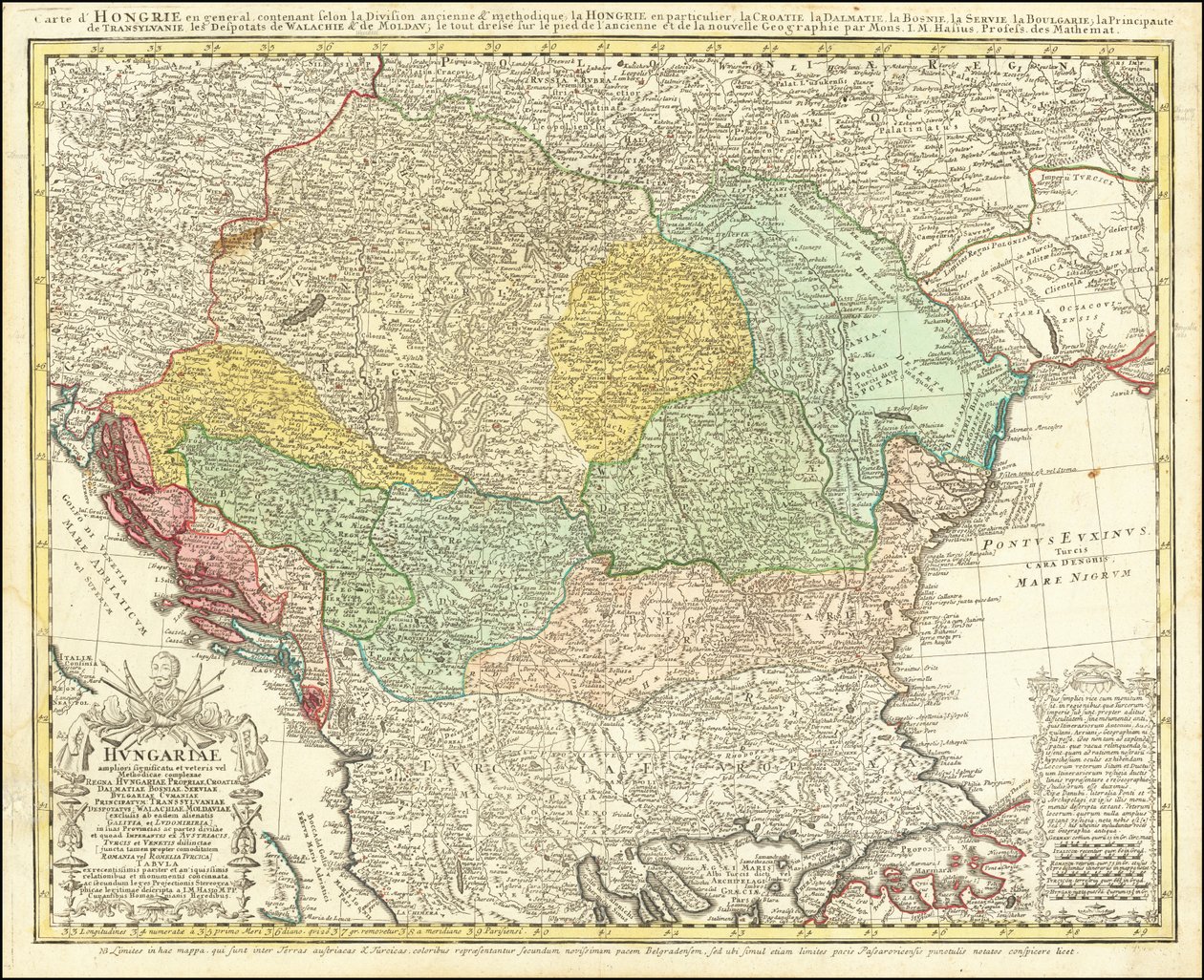 Kaart uit 1744 van het Balkanschiereiland met het Koninkrijk Hongarije als middelpunt door Johann Matthias Hase door Johann Matthias Hase