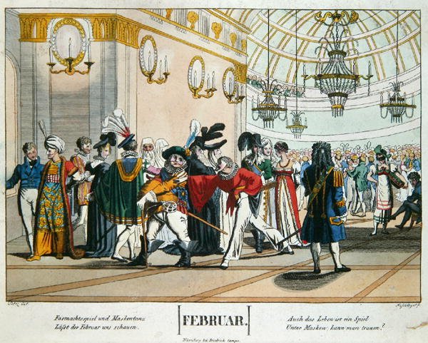 Vastenavond Maskerbal, kalenderillustratie voor februari, gepubliceerd in Neurenberg, c.1830 door Johann Michael (after) Voltz