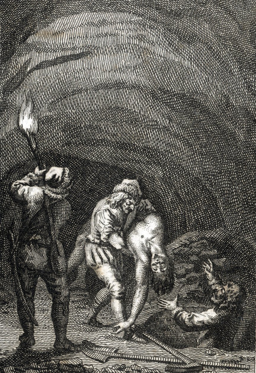 Dood van Willem II van Holland gedood door de Friezen, die hem in het geheim onder de vloer van een huis begroeven Gravure door Johann Michael Mettenleiter (1765-1853) 1800 Privécollectie door Johann Michael Mettenleiter