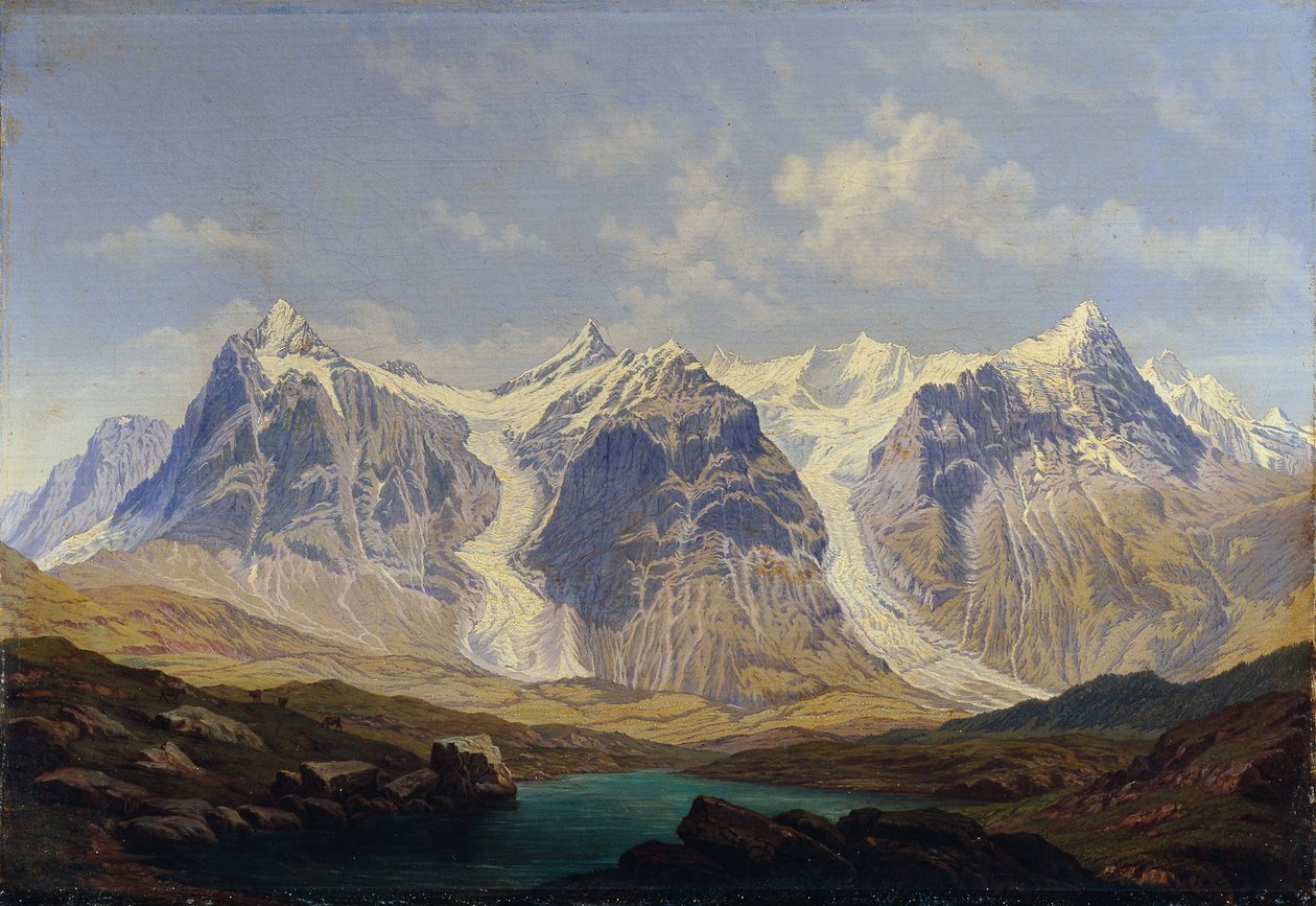 Wetterhorn, Mettenberg en Eiger met de twee daartussen gelegen Grindelwaldgletsjers door Johann Michael Sattler