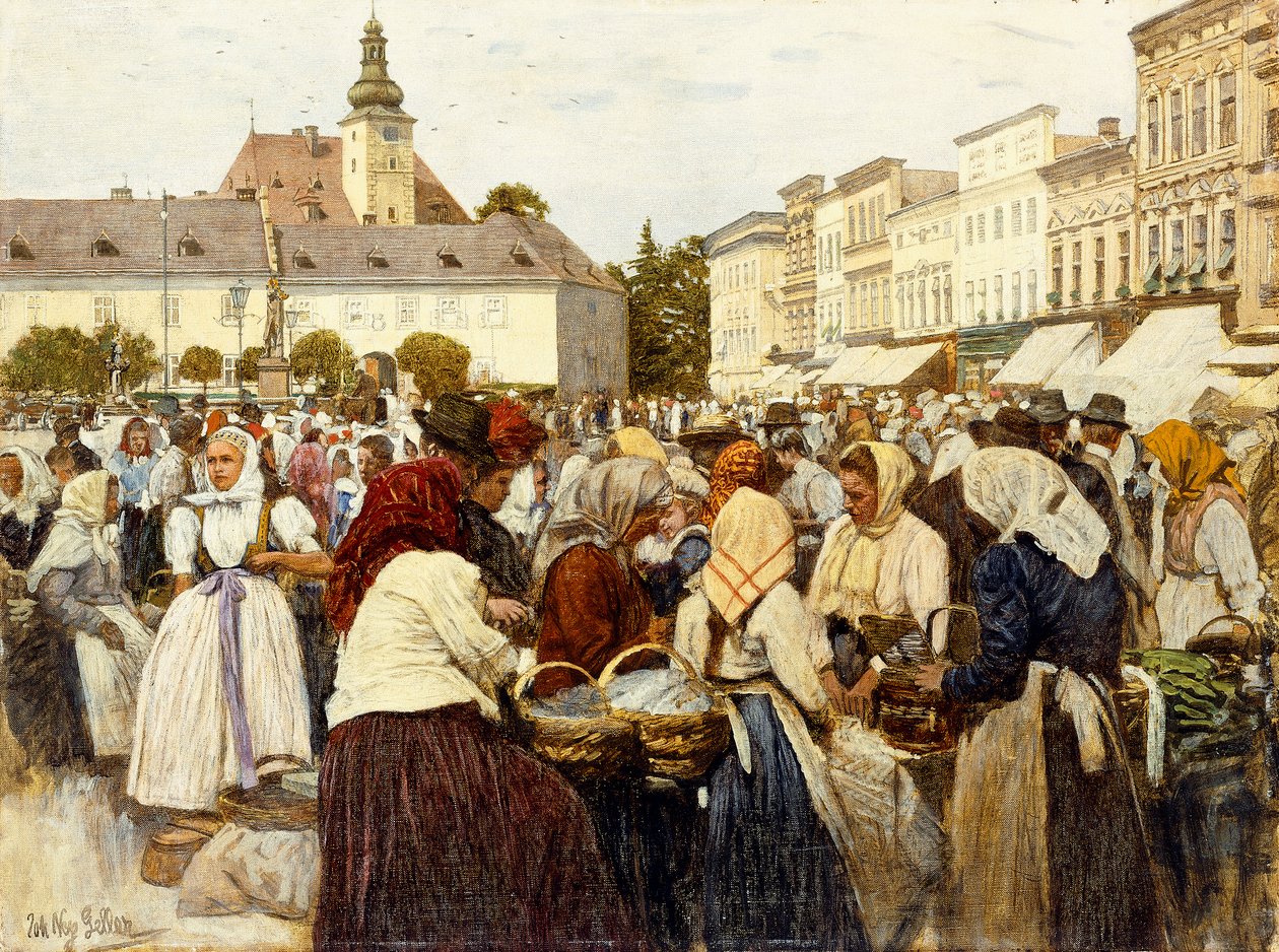 De Markt, Misfrau (olieverf op doek) door Johann Nepomuk Geller