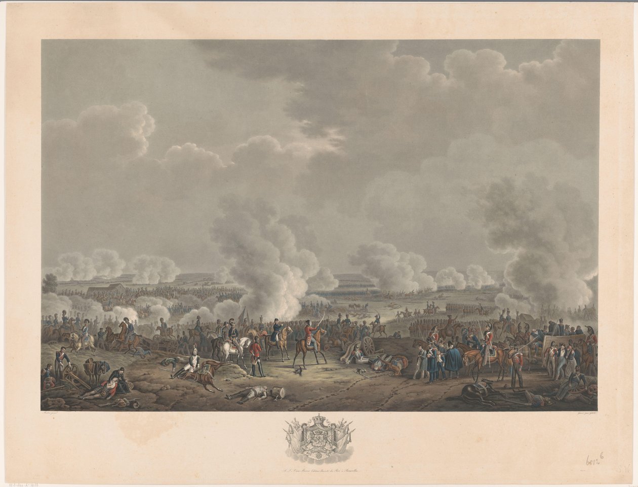 Slag bij Waterloo, 1815 Twaalf platen van de aankomst en inhuldiging van Willem I in Brussel en de slagen bij Quatre-Bras en Waterloo in 1815 (serietitel) door Johann Nepomuk Gibèle