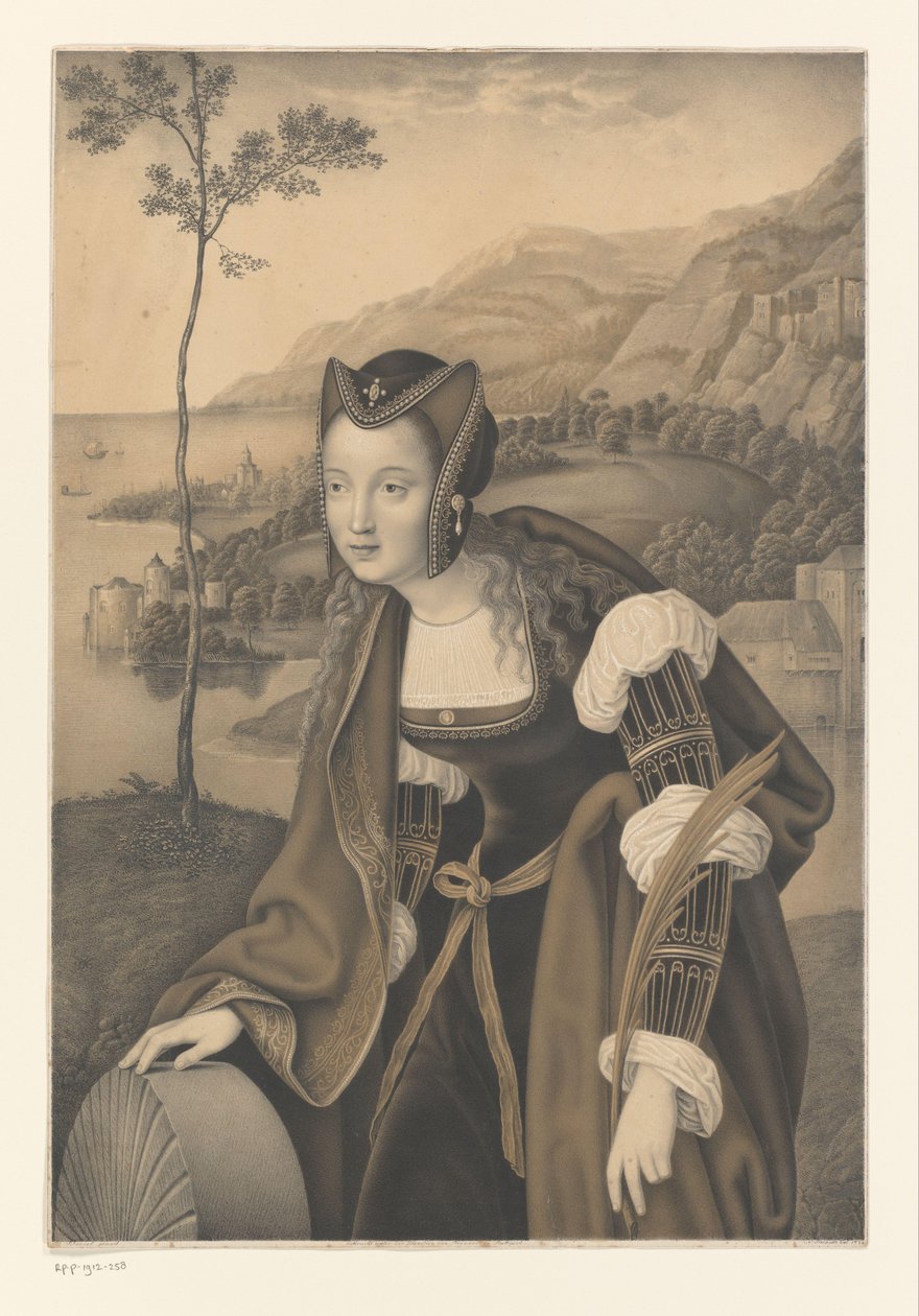 Heilige Christina met molensteen in een landschap door Johann Nepomuk Strixner