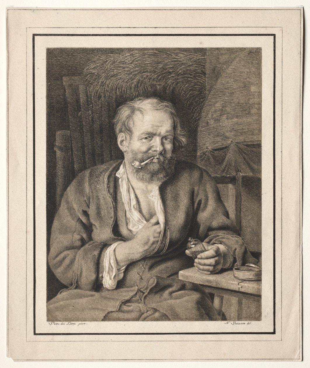 Boer zittend aan een tafel, pijp rokend door Johann Nepomuk Strixner