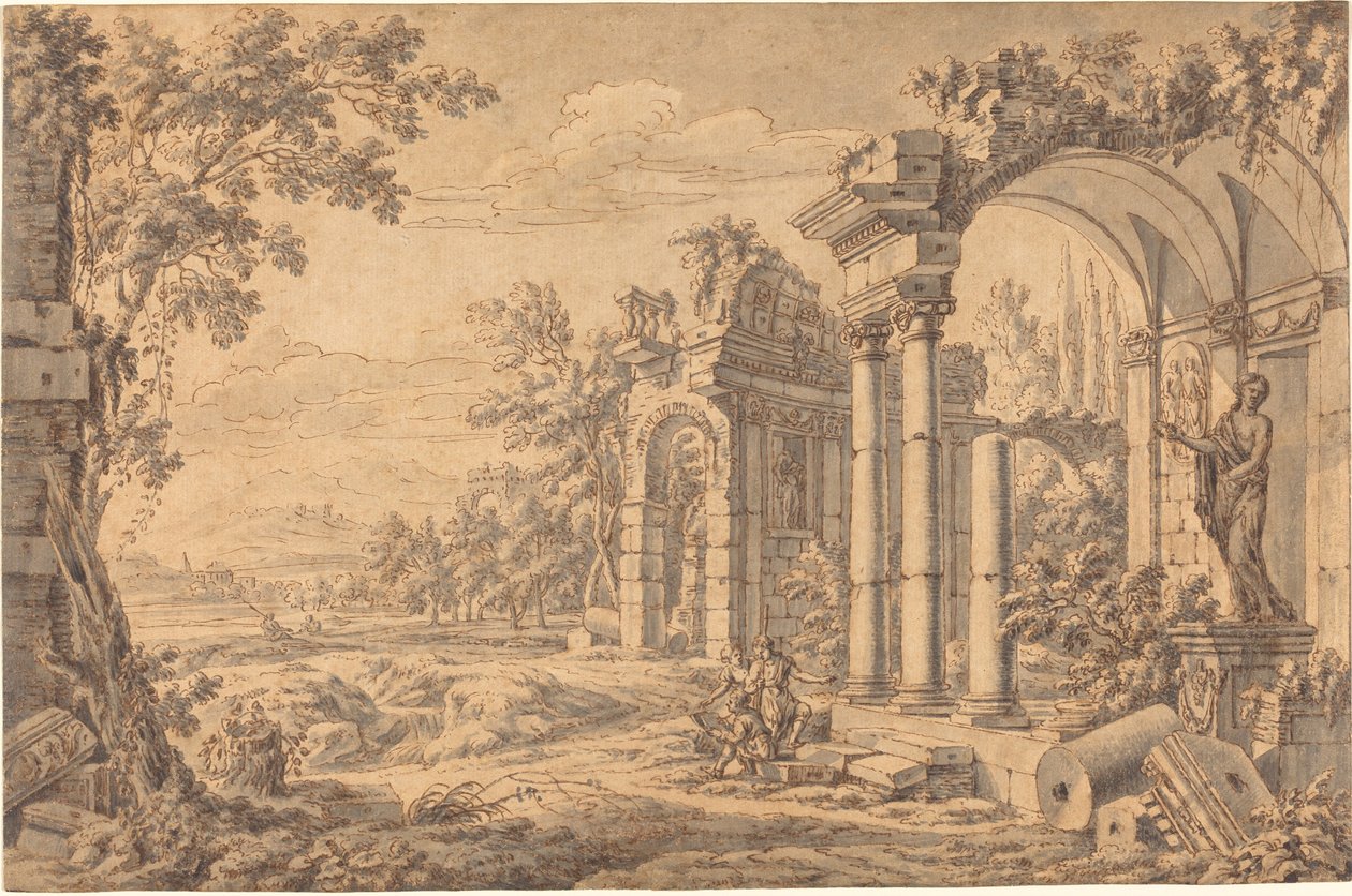 Landschap met een tekenaar tussen oude ruïnes door Johann Oswald Harms