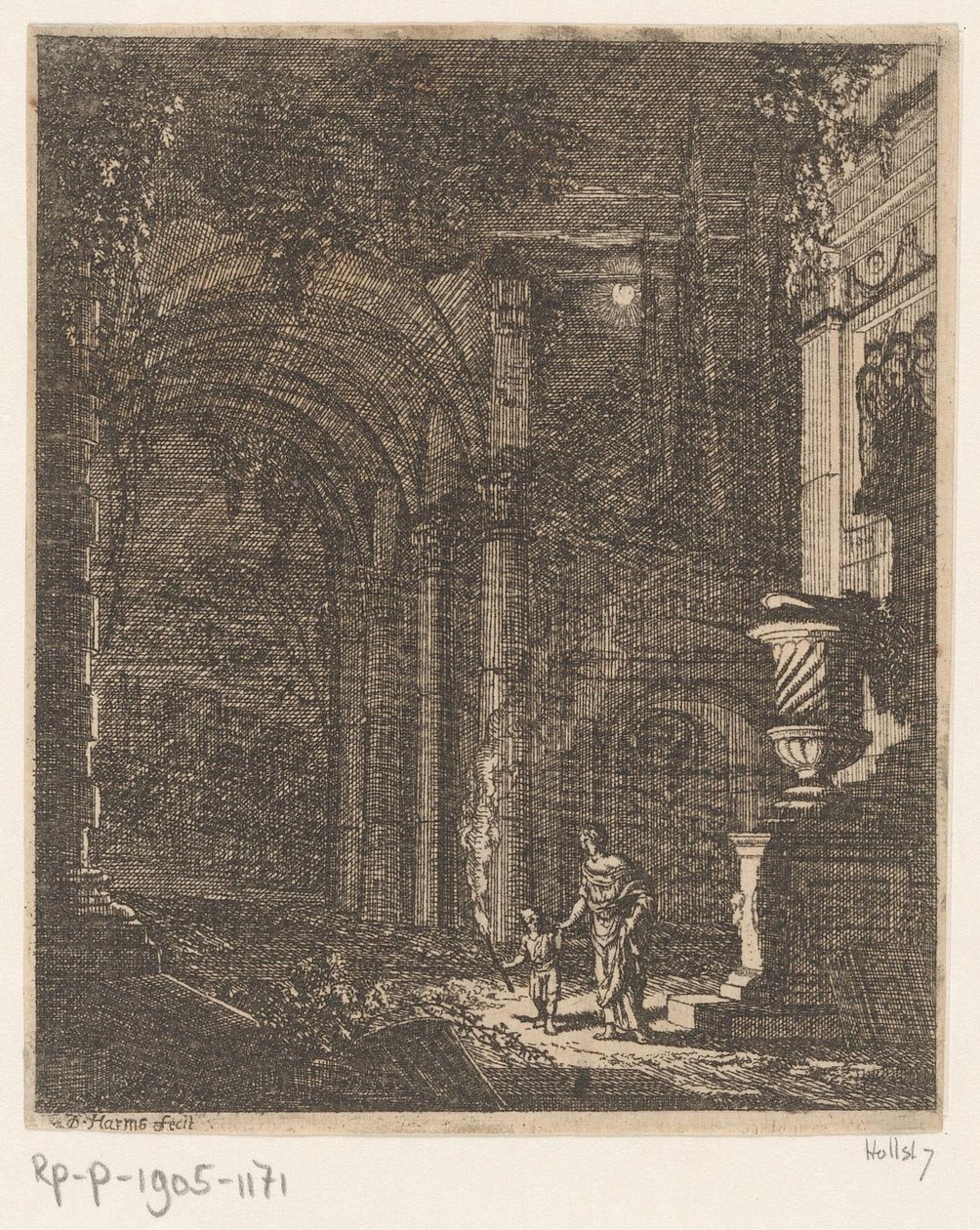 Twee figuren verlichten antieke ruïnes met een fakkel door Johann Oswald Harms