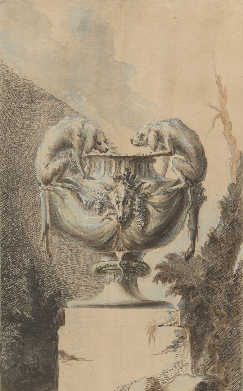 Ontwerp voor een tuinvaas met jachtthema, ca. 1740 door Johann Paul Egell
