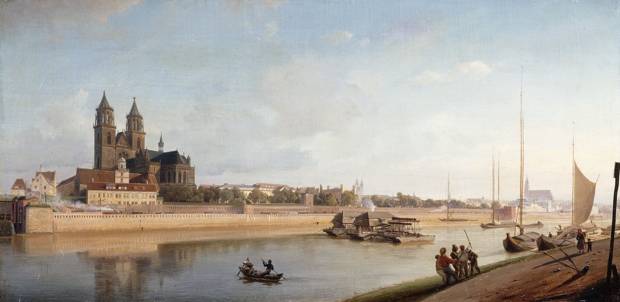 Maagdenburg aan de oevers van de rivier de Elbe - Uitzicht van oost naar west, 1853 door Johann Philipp Eduard Gartner