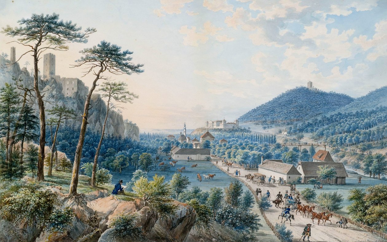 Uitzicht op het Weilburg-paleis bij Baden nabij Wenen door Johann Raulino