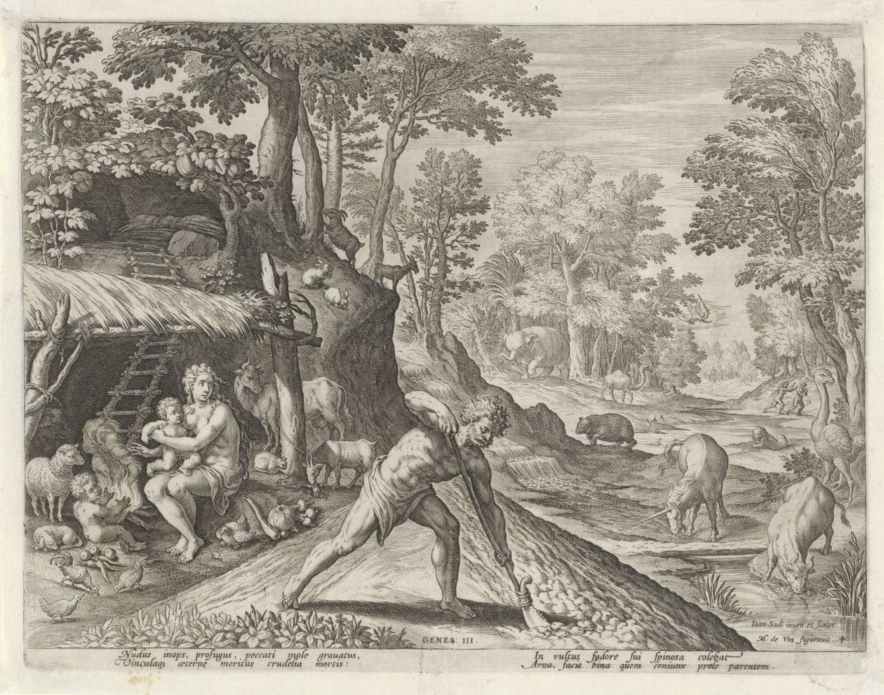 Adam en Eva aan het werk buiten het Aards Paradijs door Johann Sadeler (I)