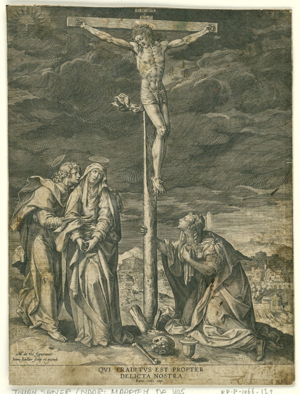 Christus aan het kruis, met Maria, Johannes en Maria Magdalena door Johann Sadeler (I)
