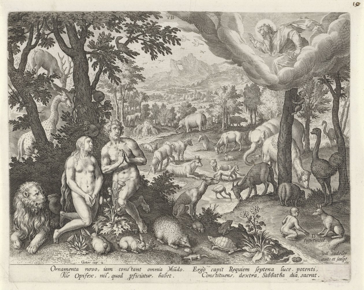 God de Vader zegent Adam, Eva en de dieren door Johann Sadeler (I)