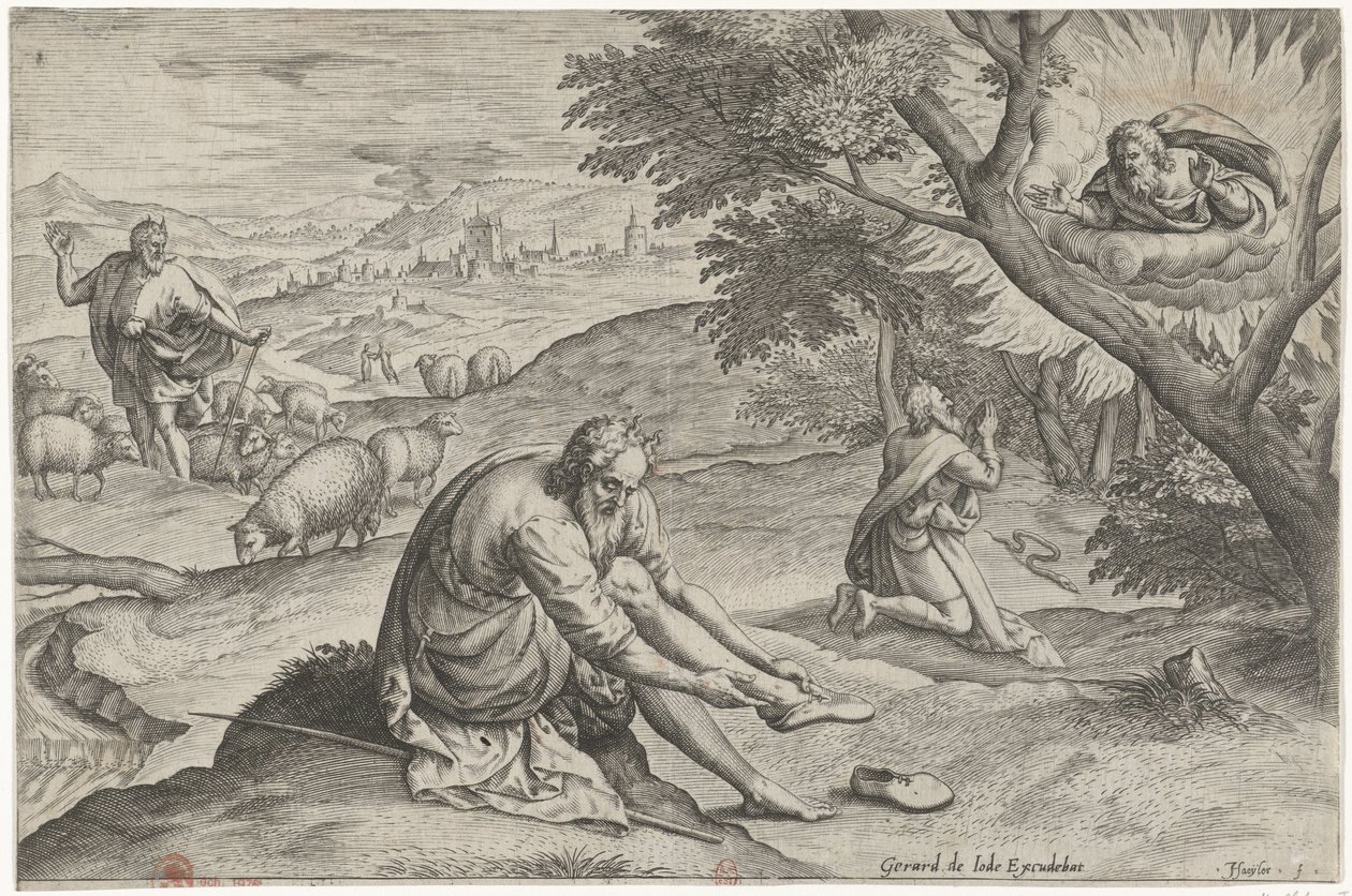 God verschijnt aan Mozes in het brandende braambos door Johann Sadeler (I)