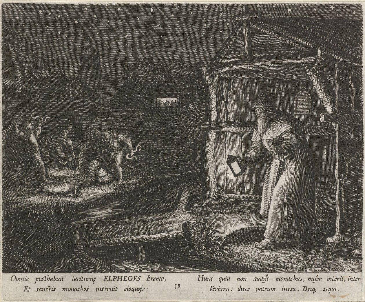 Heilige Alphegus van Canterbury als kluizenaar, Het deugdzame leven van kluizenaars, Trophaeum vitae solitariae door Johann Sadeler (I)