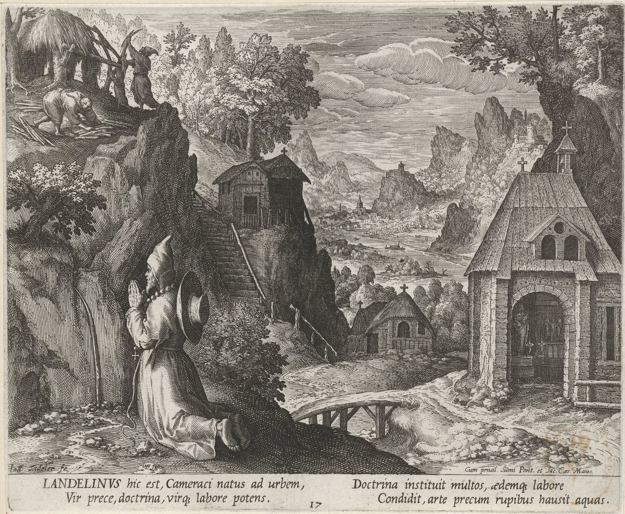 Heilige Landelinus als kluizenaar Kluizenaars (serie titel) Oraculum Anachoreticum (serie titel) door Johann Sadeler (I)