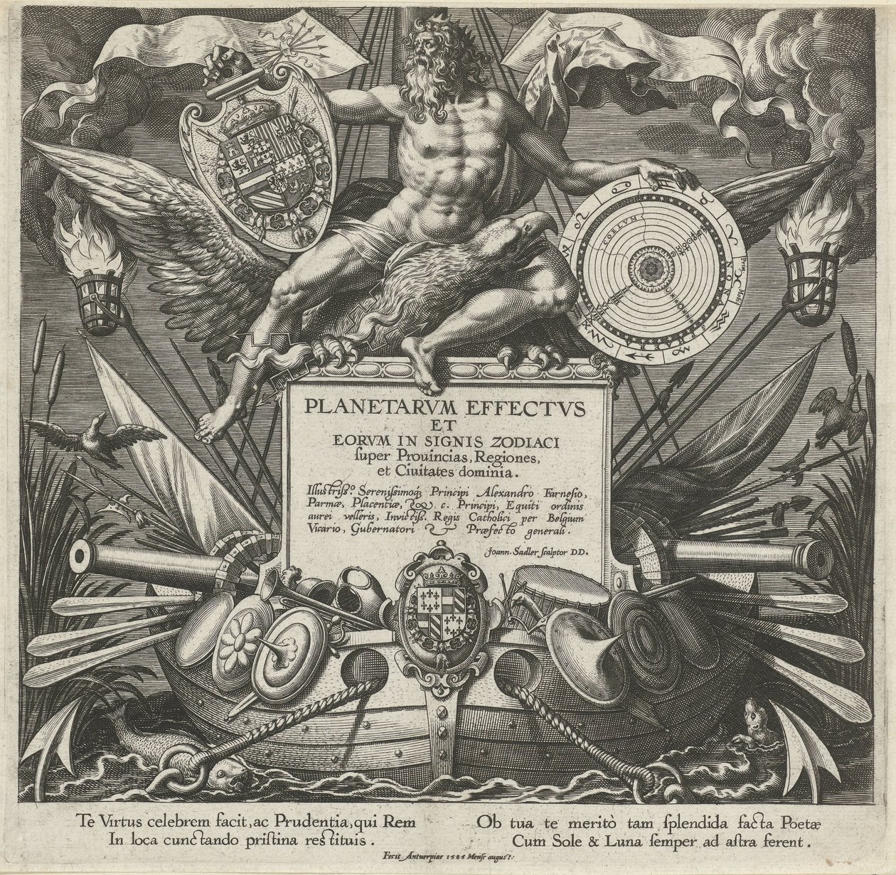 Jupiter en een oorlogsschip met het wapen van Alessandro Farnese door Johann Sadeler (I)