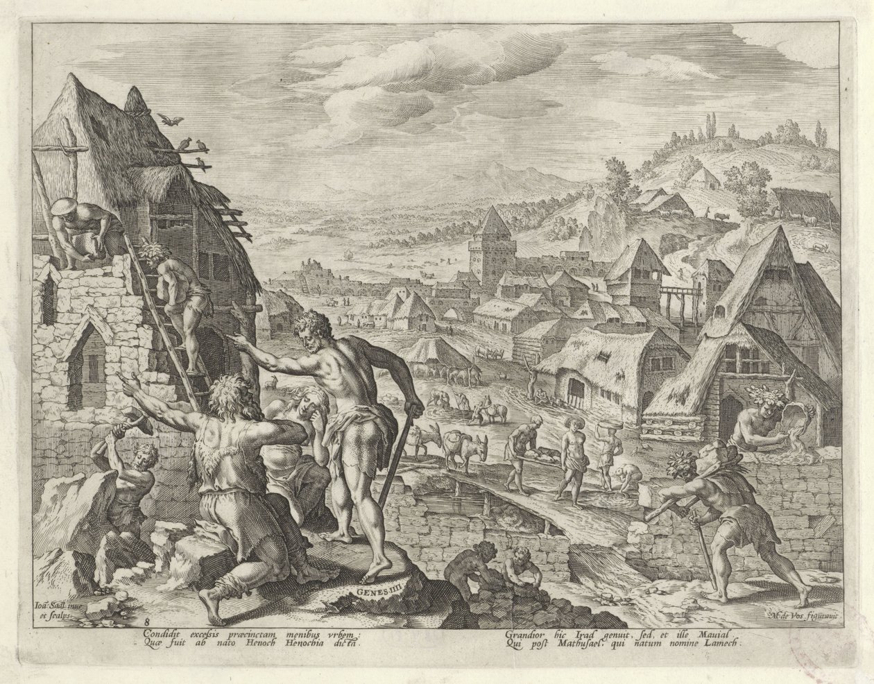 Kaïn bouwt de stad Henoch door Johann Sadeler (I)