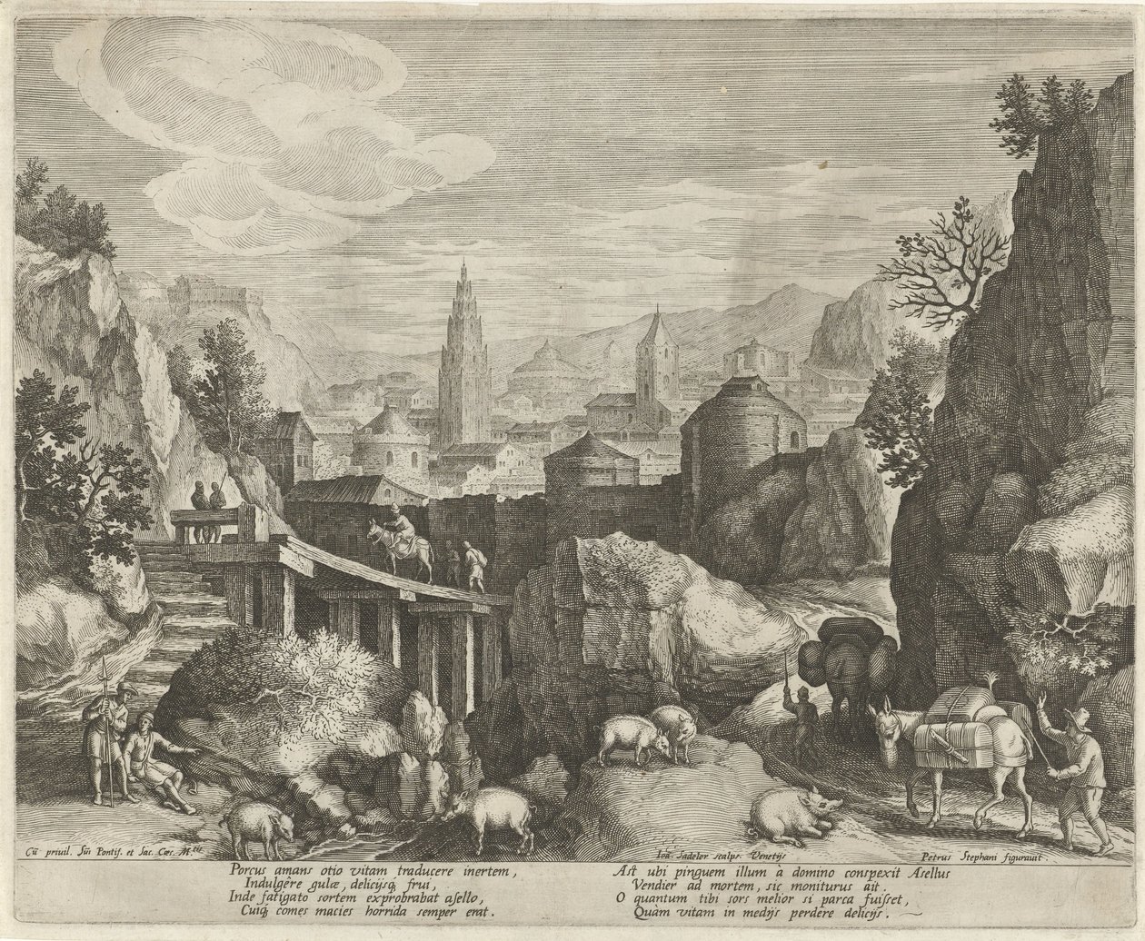 Rotsachtig landschap met de fabel van de ezel en het wilde zwijn door Johann Sadeler (I)