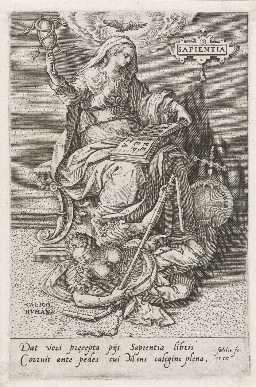 Wijsheid (Sapientia) overwint Menselijke Verbijstering (De deugden overwinnen de ondeugden) door Johann Sadeler (I)