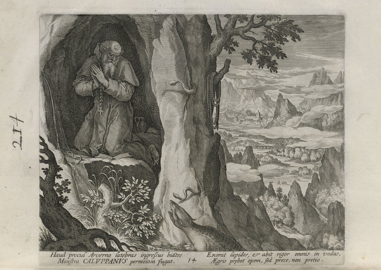 Caluppanus, plaat 14 van 30 uit de serie Sylvae Sacrae (Kluizenaars in landschappen) door Johann Sadeler I