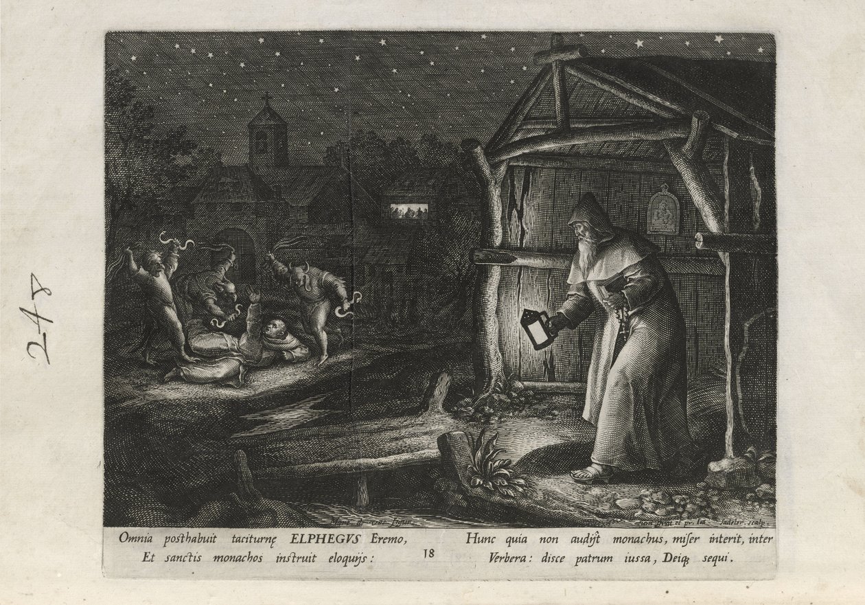 Elphegus, plaat 18 van 25 uit de serie Trophaeum Vitae Solitariae (mannelijke kluizenaars) door Johann Sadeler I