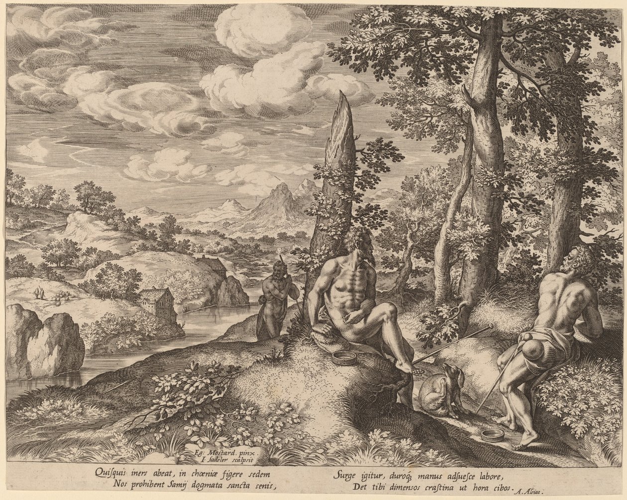 Landschap met Drie Naakte Mannen en een Hond door Johann Sadeler I