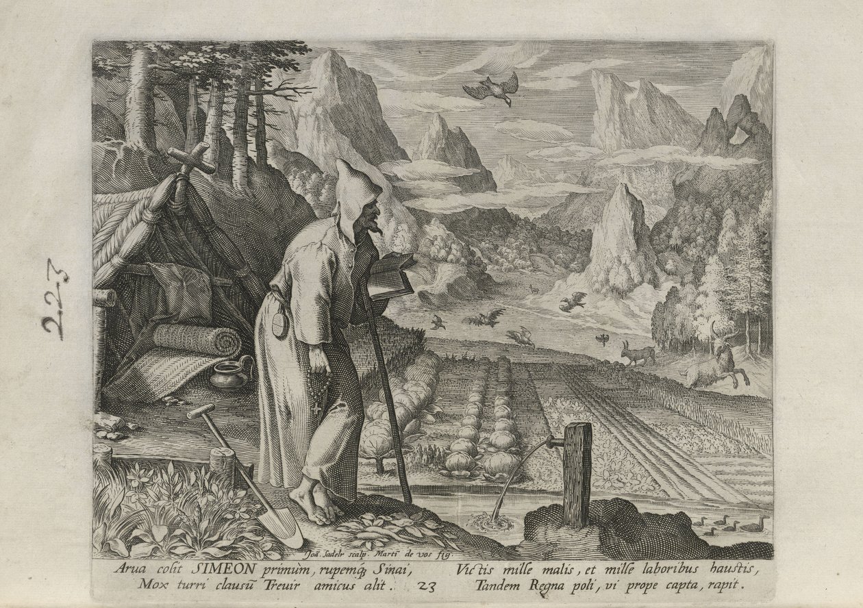 Simeon, plaat 23 van 30 uit de serie Sylvae Sacrae (Kluizenaars in landschappen) door Johann Sadeler I