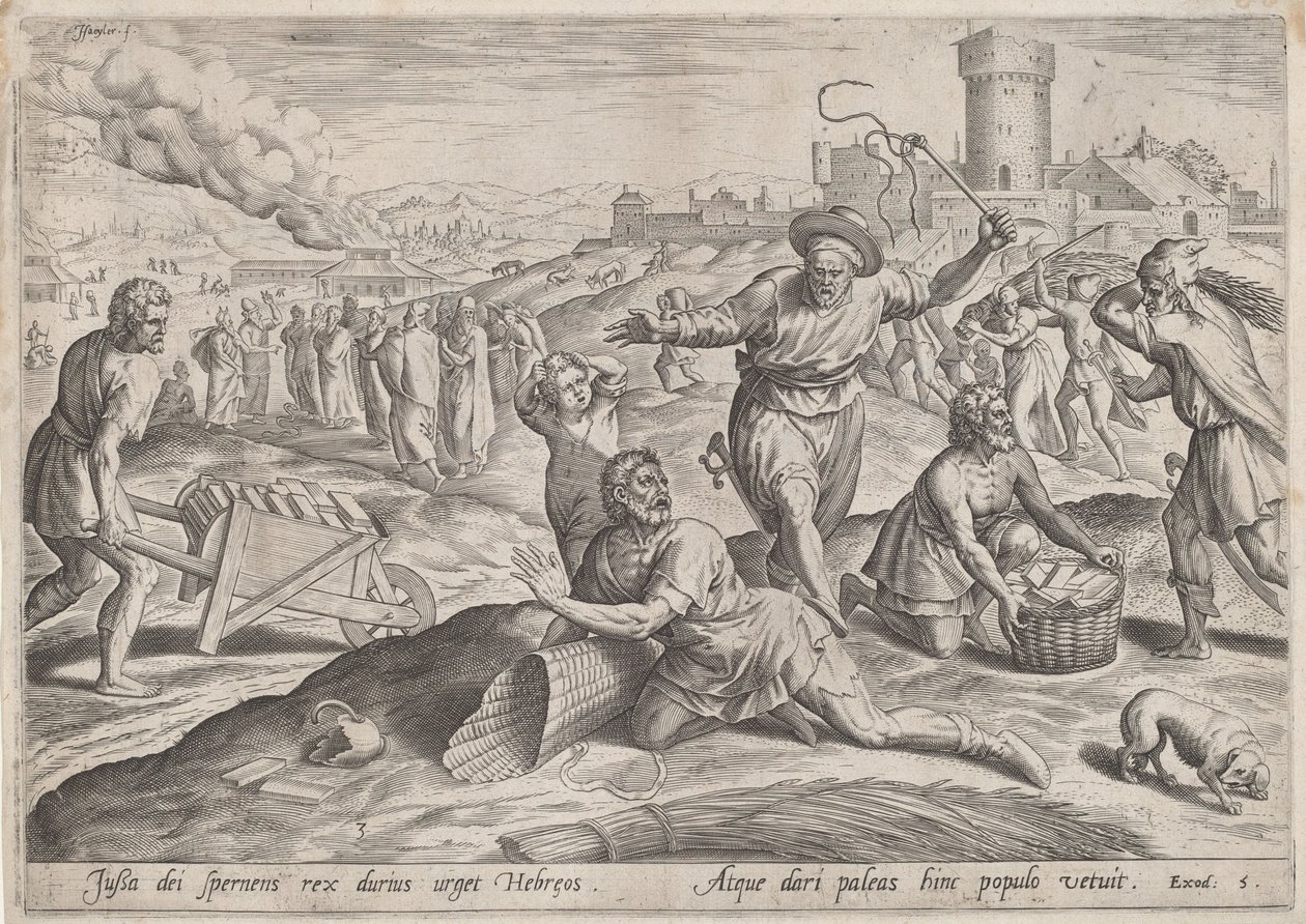 De opzichter van de farao die de Israëlieten slaat door Johann Sadeler I