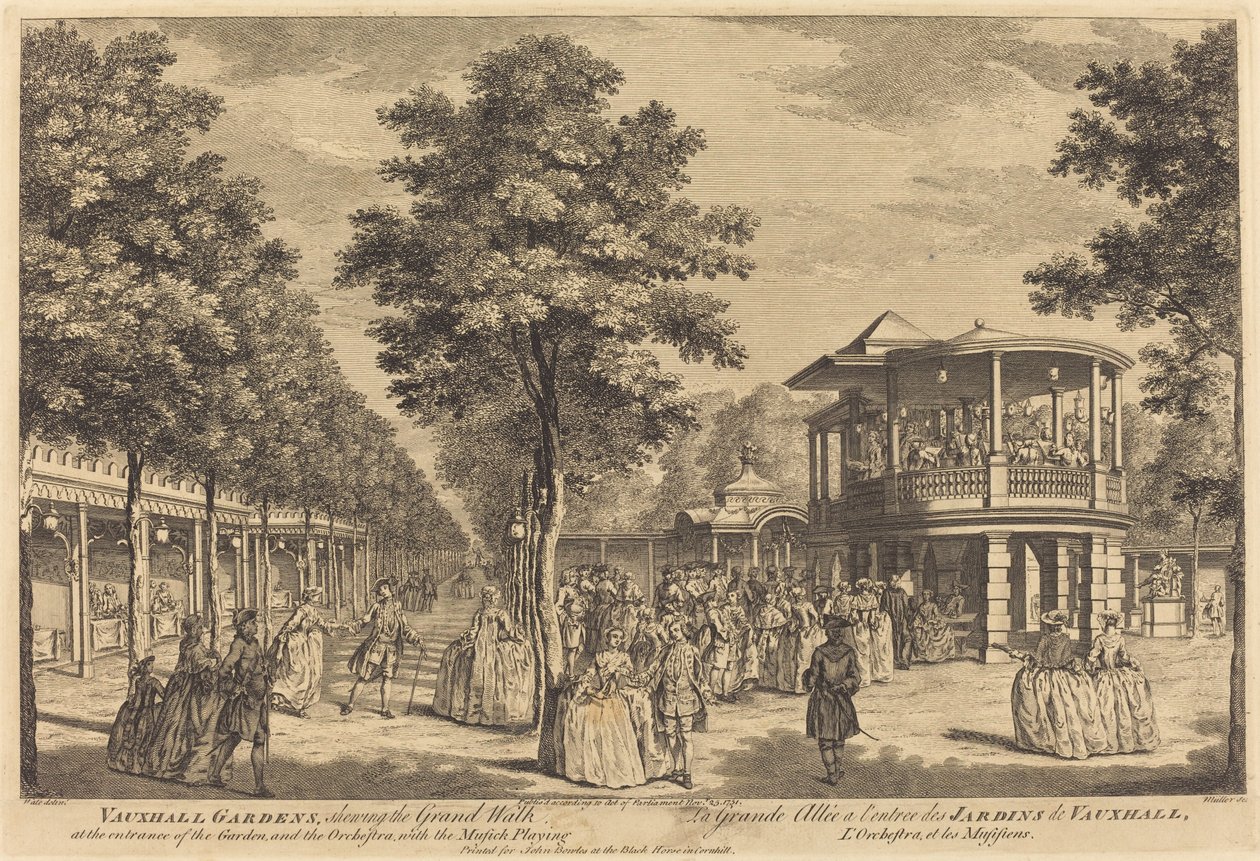 Vauxhall Gardens toont de Grote Wandelgang bij de ingang van de tuin en het orkest met muziek door Johann Sebastian Müller after Samuel Wale