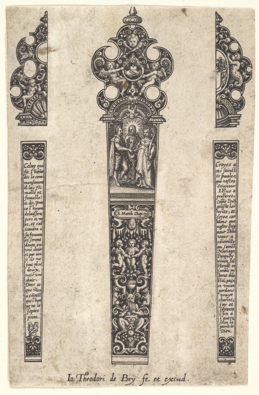 Ontwerp voor meshandvat ter herdenking van een huwelijk door Johann Theodor de Bry