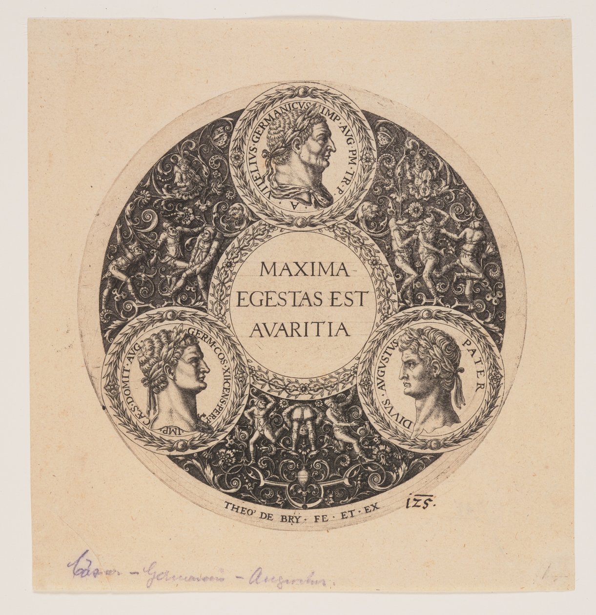 Maxima Egestas Est Avaritia, Ontwerp voor een schaal op voet door Johann Theodor de Bry