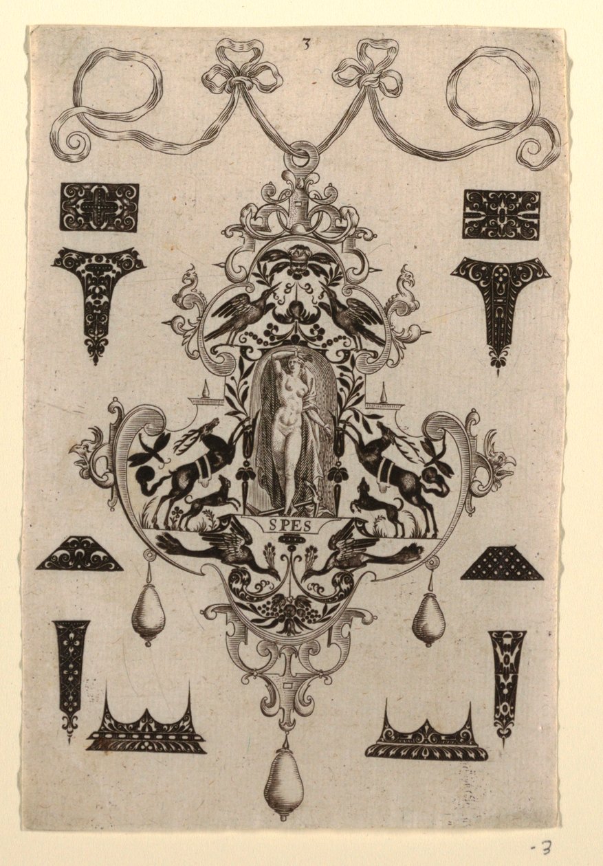 Hangerontwerp met de Deugd Hoop, Plaat 3, uit een serie van acht hangerontwerpen met de kardinale deugden door Johann Theodor de Bry