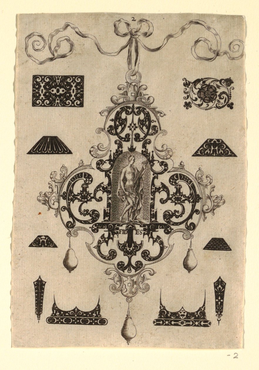 Plaat 2, uit een serie van acht hangerontwerpen met de kardinale deugden door Johann Theodor de Bry
