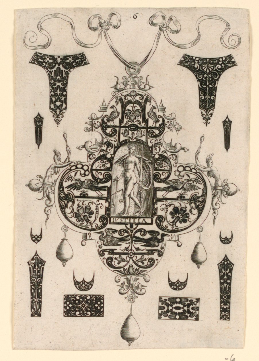 Plaat 6, uit een serie van acht hangende ontwerpen met de kardinale deugden door Johann Theodor de Bry