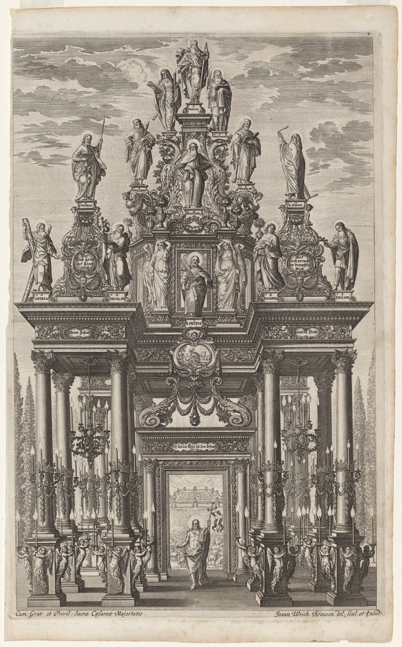 Frontispice met Triomfboog met Christus en de Apostelen door Johann Ulrich Kraus