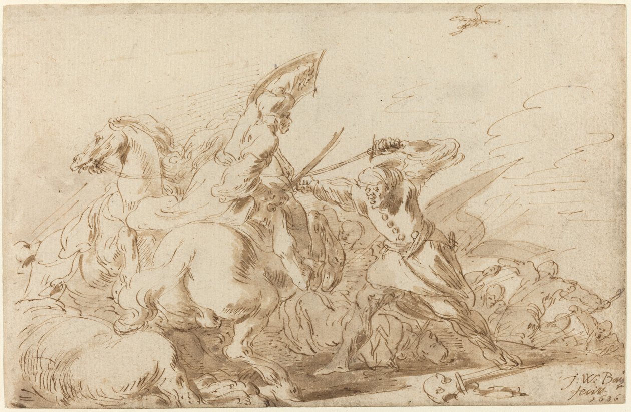 Een gevecht tussen oosterse cavalerie en soldaten, 1636 door Johann Wilhelm Baur