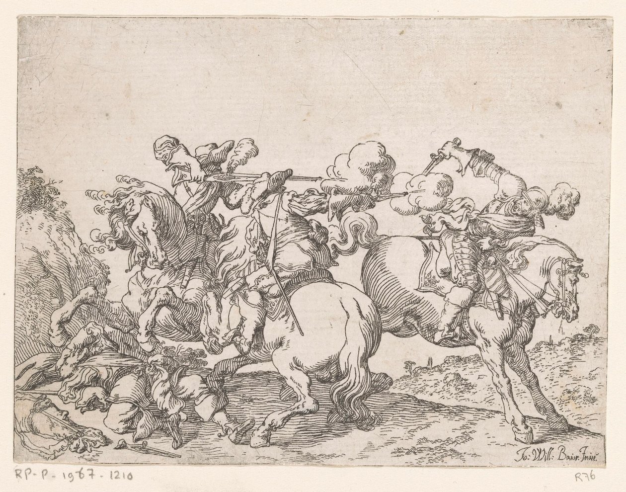 Twee musketiers te paard beschieten een ruiter door Johann Wilhelm Baur