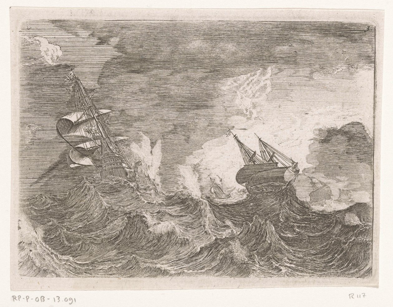 Vijf zeilschepen op zee tijdens een storm door Johann Wilhelm Baur