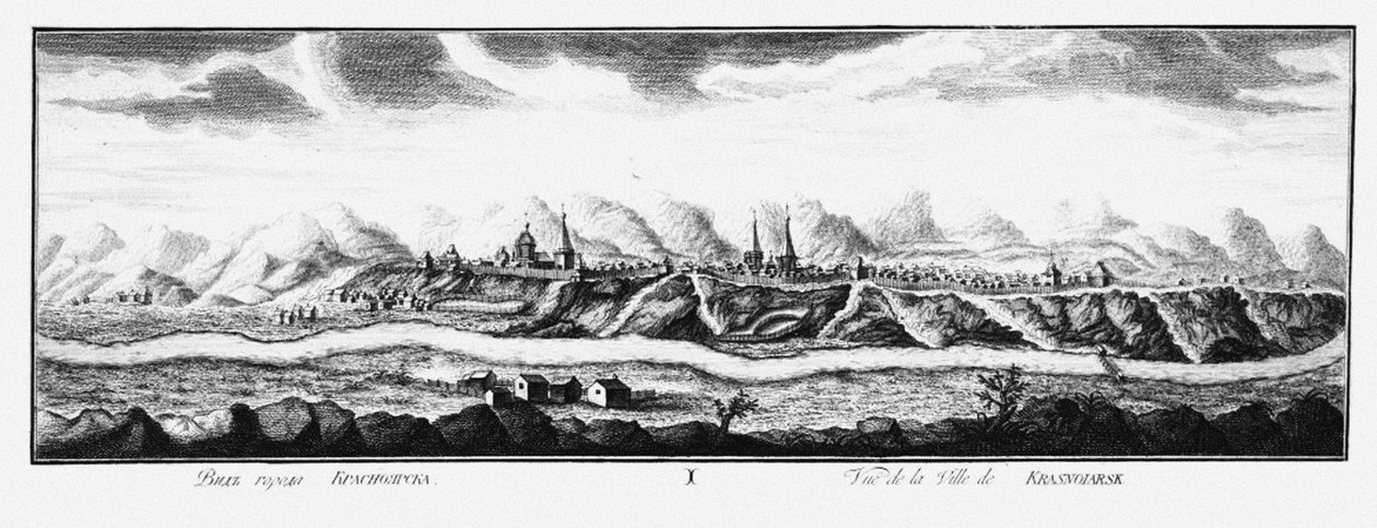 Uitzicht op Krasnoyarsk, ca. 1735 door Johann Wilhelm Lürsenius