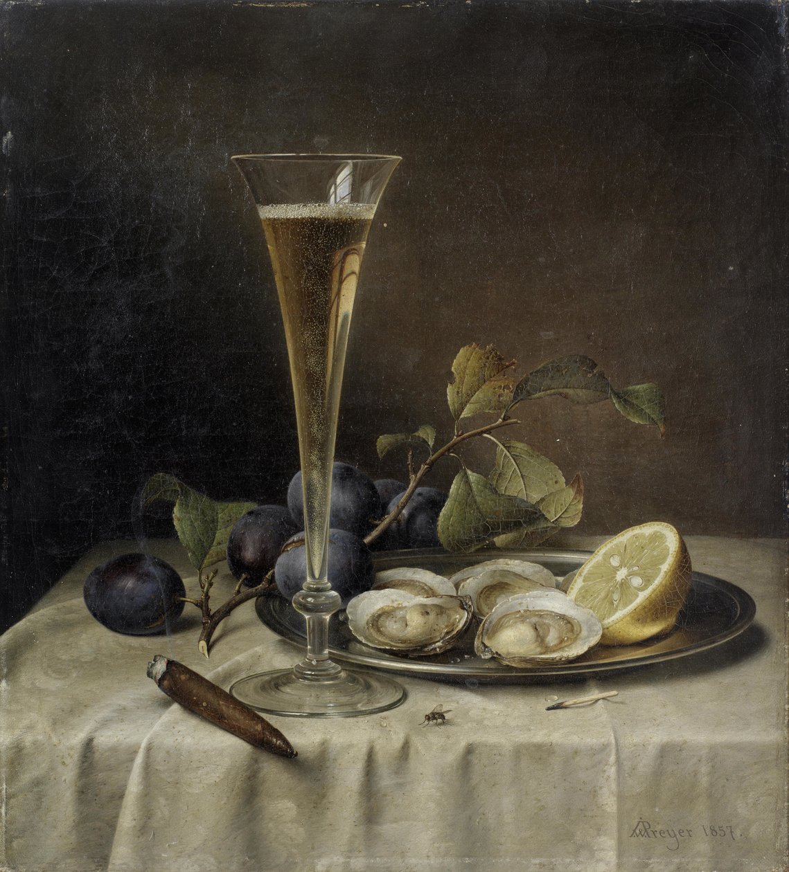 Stilleven met champagne en oesters, 1857 door Johann Wilhelm Preyer