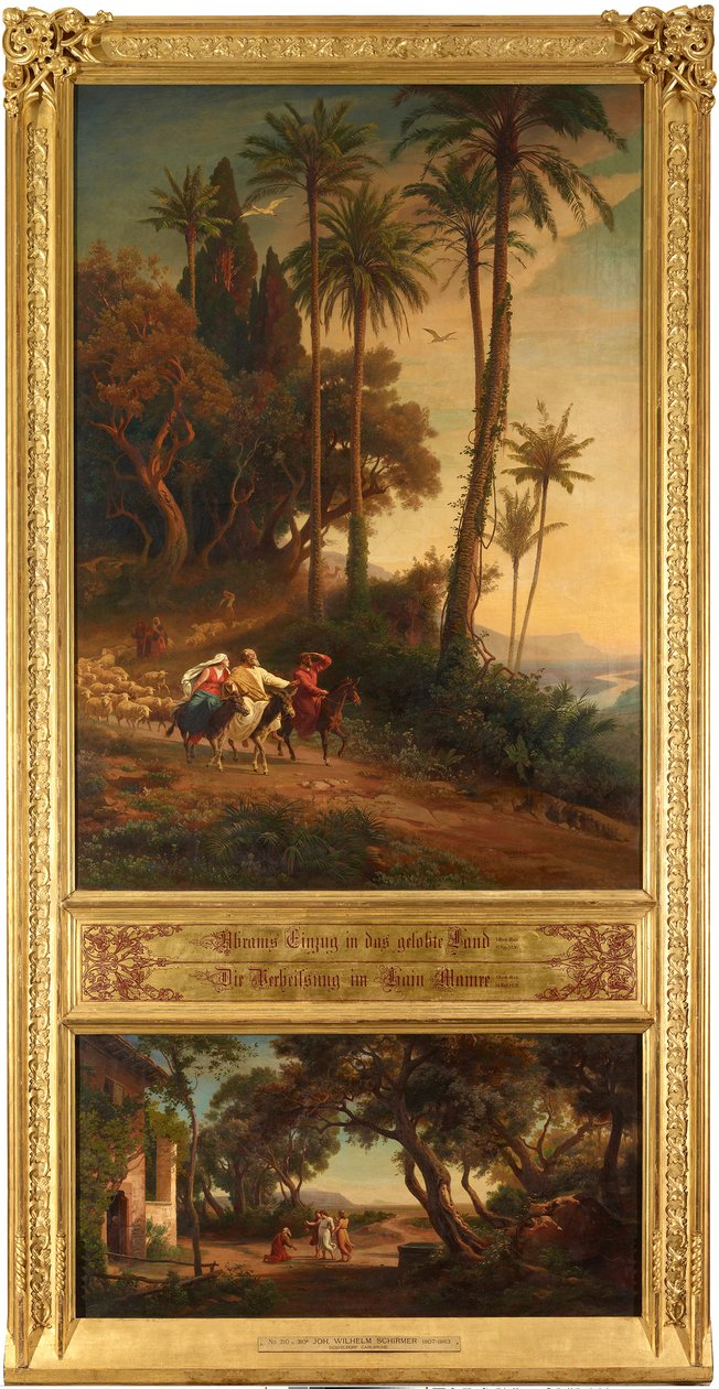 Abrahams intocht in het Beloofde Land (boven). Belofte in het bosje van Mamre (onder). Uit de cyclus "Twaalf bijbelse landschappen met het verhaal van Abraham" door Johann Wilhelm Schirmer