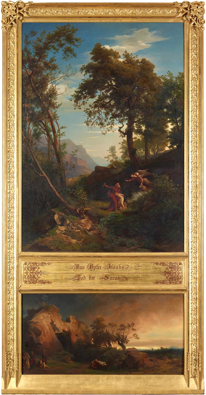 Het offer van Isaak (boven). Abrahams rouw om Sara (onder). Uit de cyclus „Twaalf bijbelse landschappen met het verhaal van Abraham” door Johann Wilhelm Schirmer