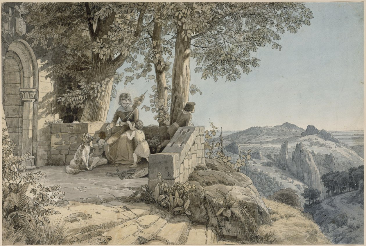 Een rotsachtig landschap; op de voorgrond een jonge vrouw met drie kinderen en een hond voor een romaans portaal door Johann Wilhelm Schirmer