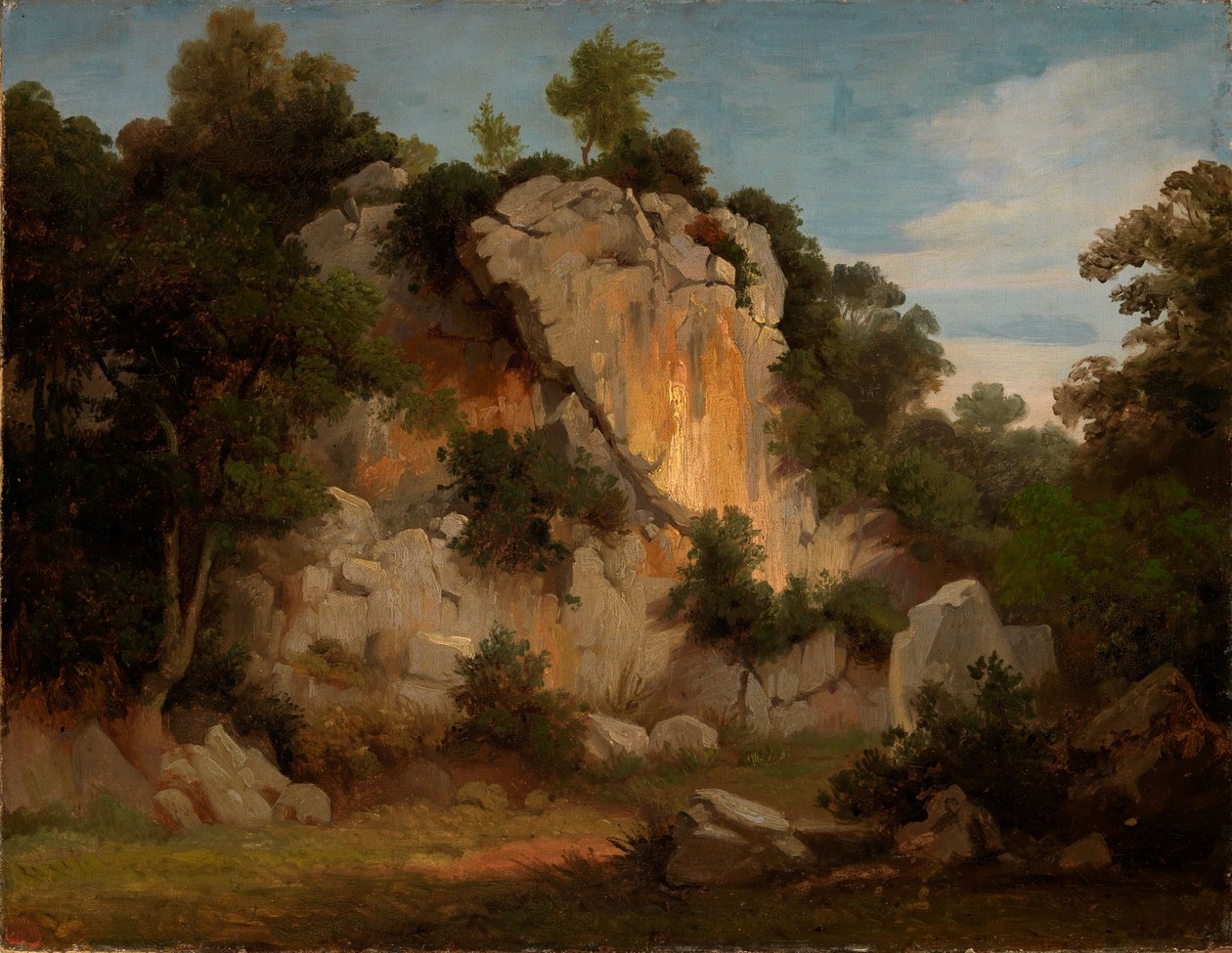 Rotswand met bomen en struiken door Johann Wilhelm Schirmer