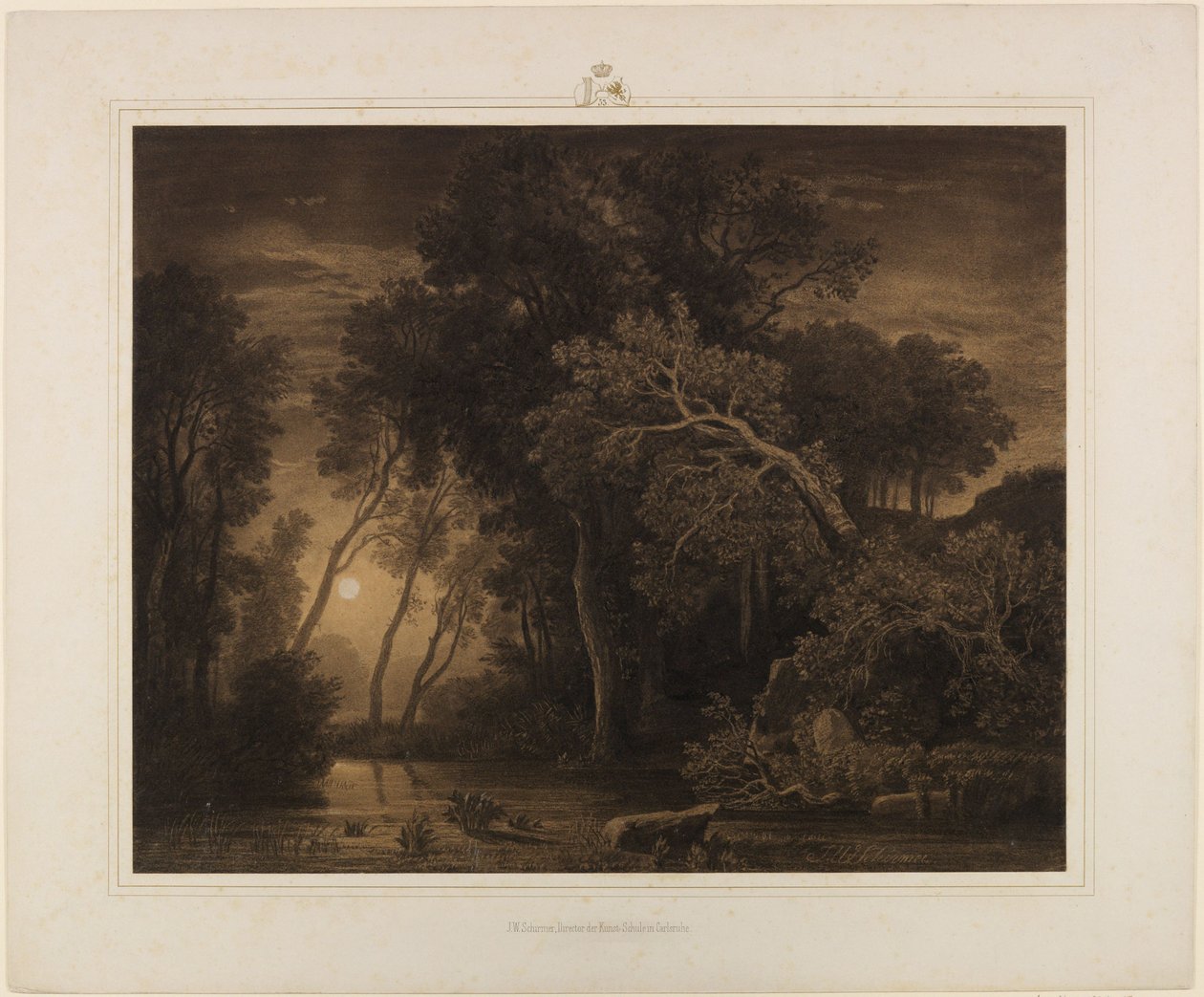 Rivierlandschap met opkomende maan door Johann Wilhelm Schirmer