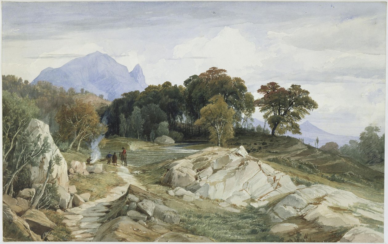 Italiaans bos- en berglandschap, een ruiter en drie mannen bij het vuur door Johann Wilhelm Schirmer
