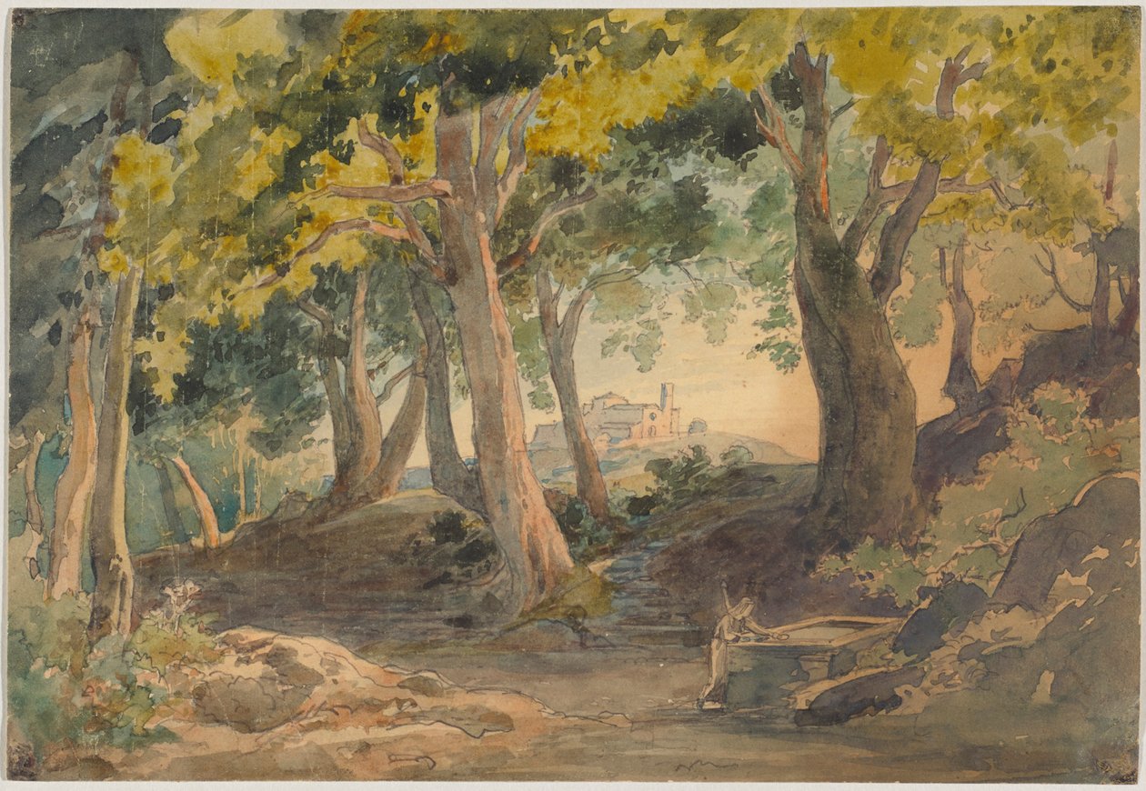 Landschap – met hoge, oude loofbomen en een heuvel met een kasteel op de achtergrond door Johann Wilhelm Schirmer