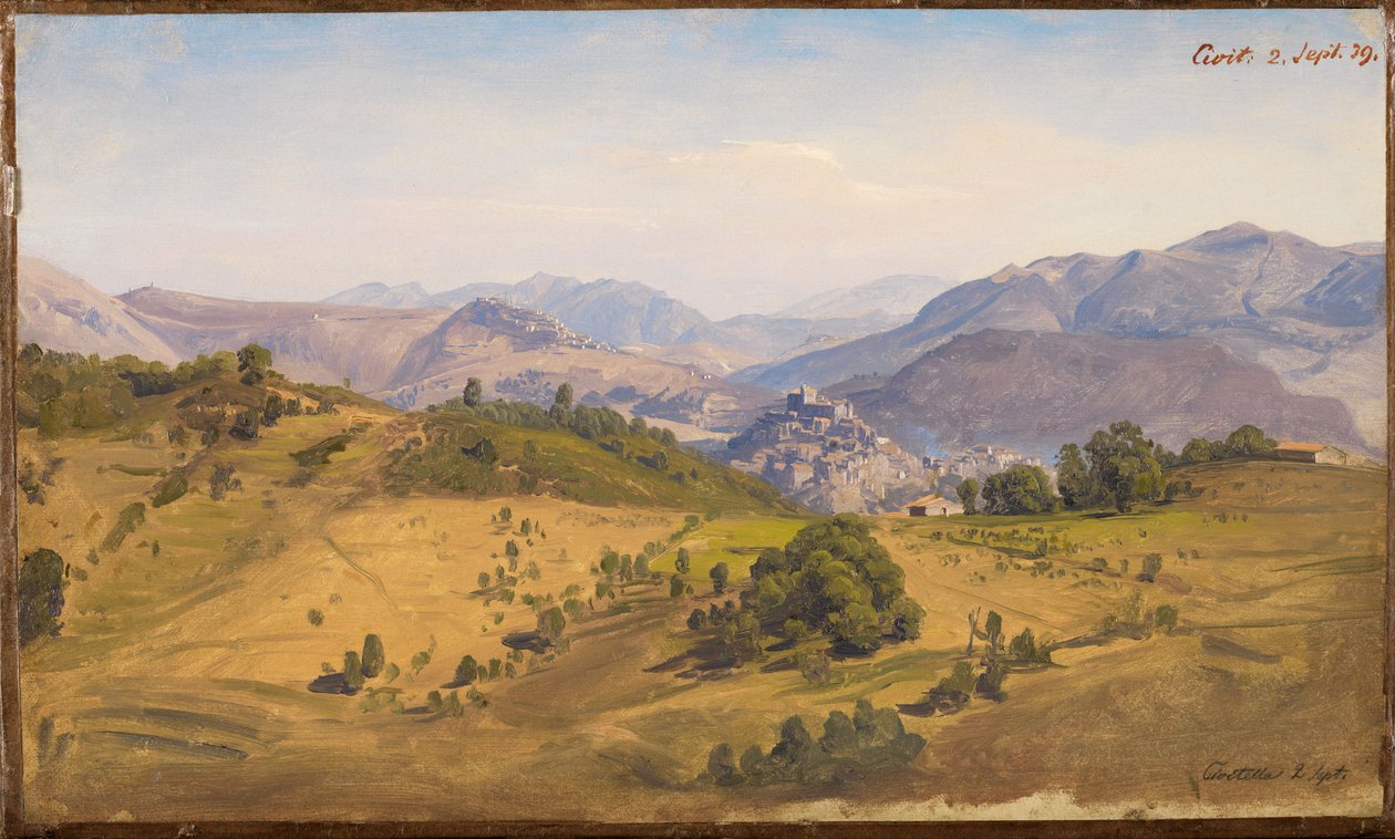 Landschap bij Civitella met uitzicht naar het noorden op Rocca Canterano door Johann Wilhelm Schirmer