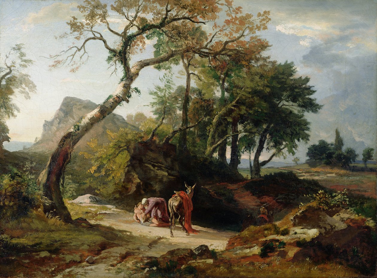 De redding van de gewonde man door de barmhartige Samaritaan (avond) ca. 1856 door Johann Wilhelm Schirmer
